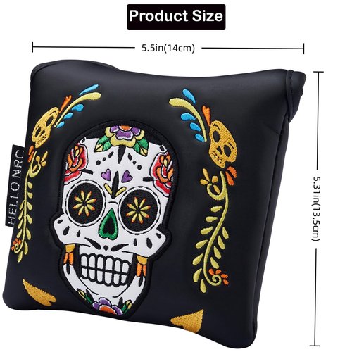 Gbourly Square Black Golf Club Colorful Skull Skeleton Mallet Putter Head Cover Magnetic Closure Heel Shafted Satin Pattern PU Leather Headcover