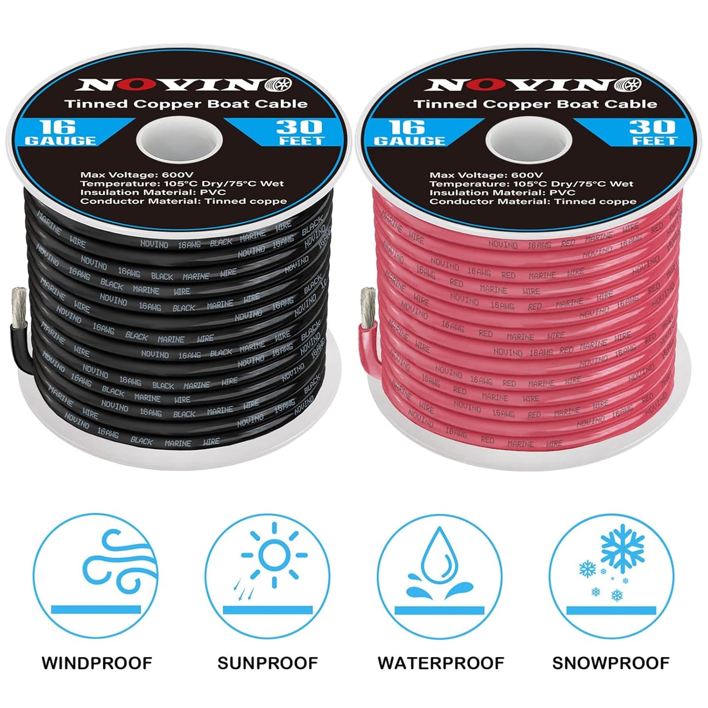 16 Gauge Marine Wire by [Brand Name] - 30FT Red & 30FT Black Oxygen-Free Tinned Copper Cable for Boats & RVs