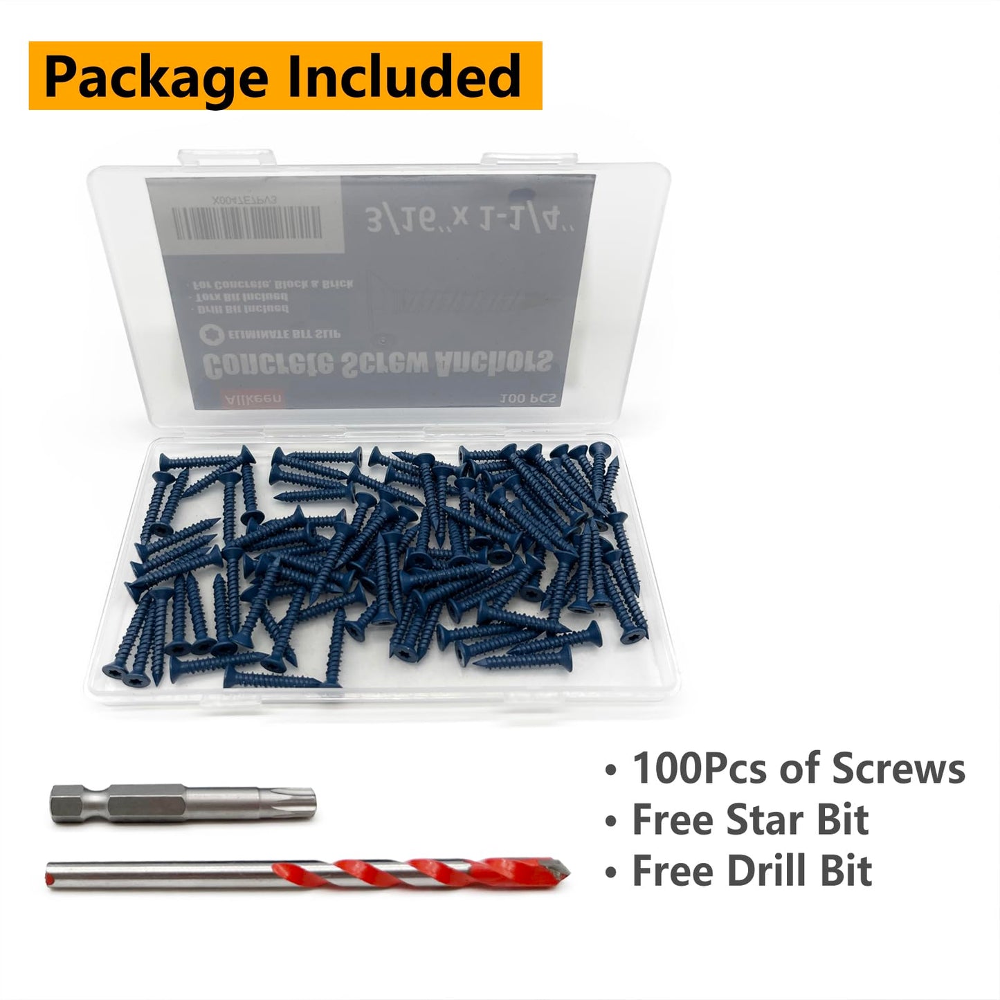 Allkeen 3/16" x 1-1/4" Concrete Screws, Anchoring to Masonry, Brick, Block, Cement or Stucco, 100PCS