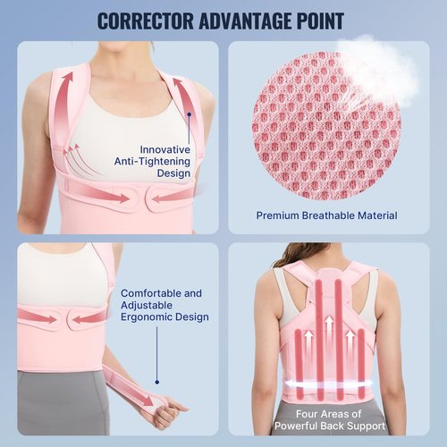 Jeffski Posture Corrector Upgraded Back Brace for Women and Men, Adjustable Full Back Support, Shoulder Straightener for Hunchback, Scoliosis, Lumbar, Spine, Pink (Medium)