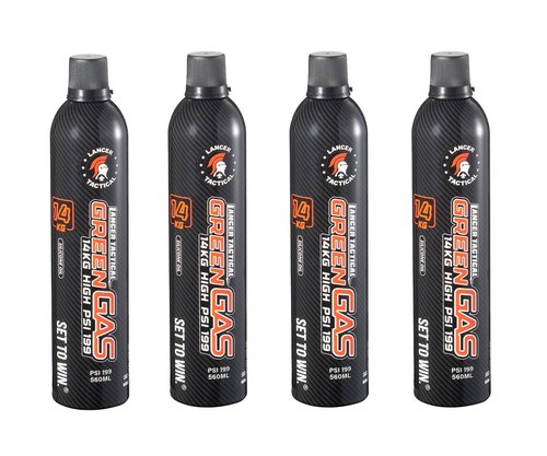 Lancer Tactical 560ml/18.9oz 14kg Powerful Green Gas High PSI G-1200 for Airsoft Pistol, Airsoft Rifle, Air Gun (Silicone Oil) -Pack of 4