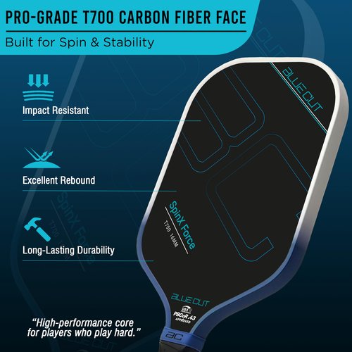 Blue Cut Pickleball Paddle – USAPA Approved Pickleball Paddles Racket with T700 Carbon Fiber, 16mm Honeycomb Core, Spin Surface, Pro Power Speed & Control – Includes Carry Bag