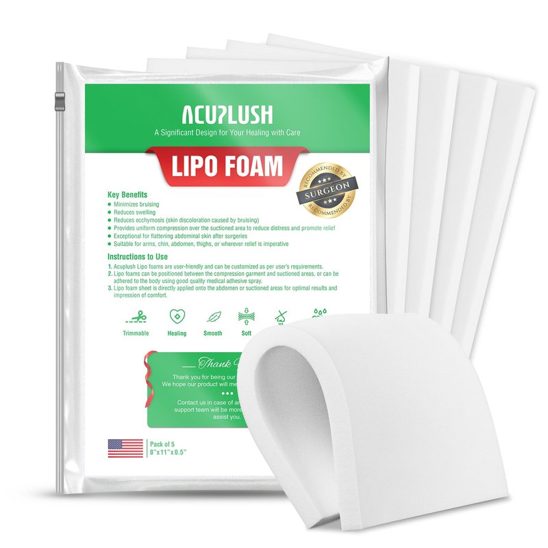 ACUPLUSH 5 Pack Lipo Foam Pads - Post Surgery Ab Board for Liposuction Recovery, Flattening Abdominal Compression Garments for Tummy Tuck Surgery (8” x 11” x 0.5”)