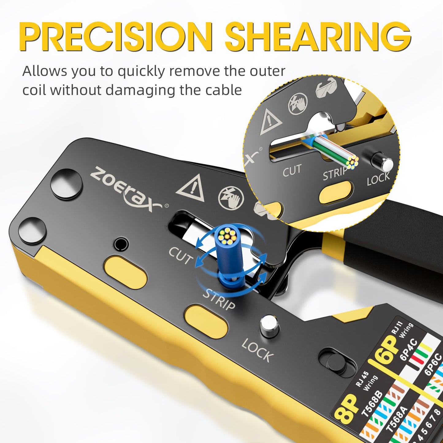 ZOERAX RJ45 Crimping Tool Ethernet Crimp Tool Crimper for RJ11/RJ12 Standard, RJ45 Pass Through Connectors, Yellow