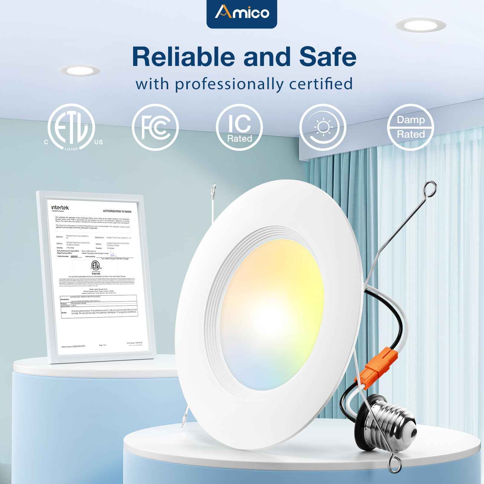 Amico 5/6 inch 5CCT LED Recessed Lighting 12 Pack, Dimmable, Damp Rated, 12.5W=100W, Can Lights with Baffle Trim, Retrofit Installation, ETL&FCC, White