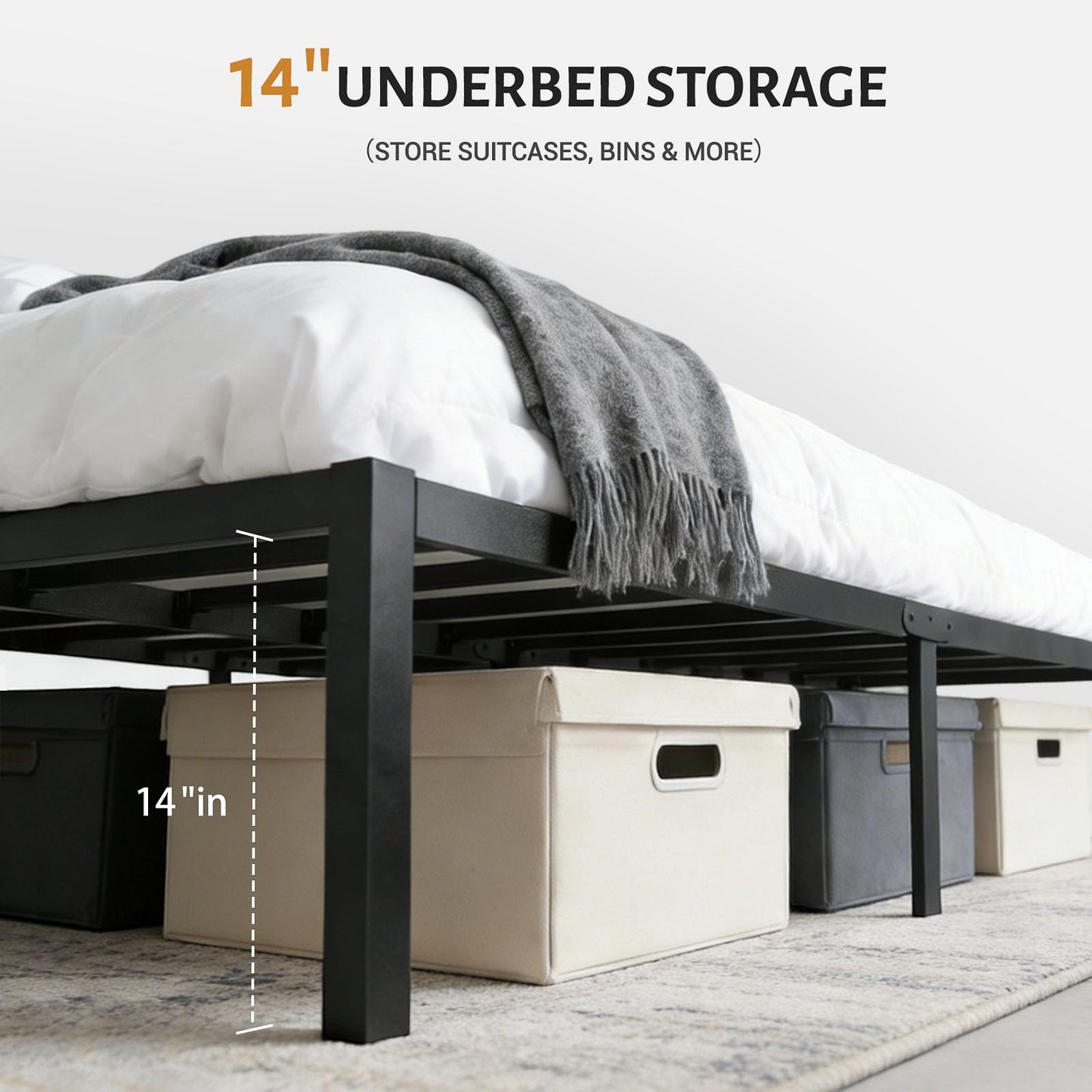 UNIPEAK Queen Bed Frame with Underbed Storage Space, Metal Heavy Duty Platform Mattress Foundation, Easy Assembly, No Box Spring Needed, Black, 14 Inch Height