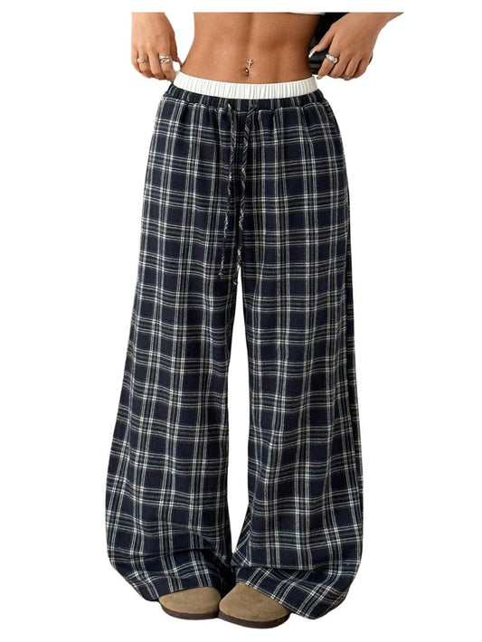 RoseSeek Girl's Plaid Wide Leg Track Pants Elastic Waist Baggy Long Trousers with Pockets Grey 12Y