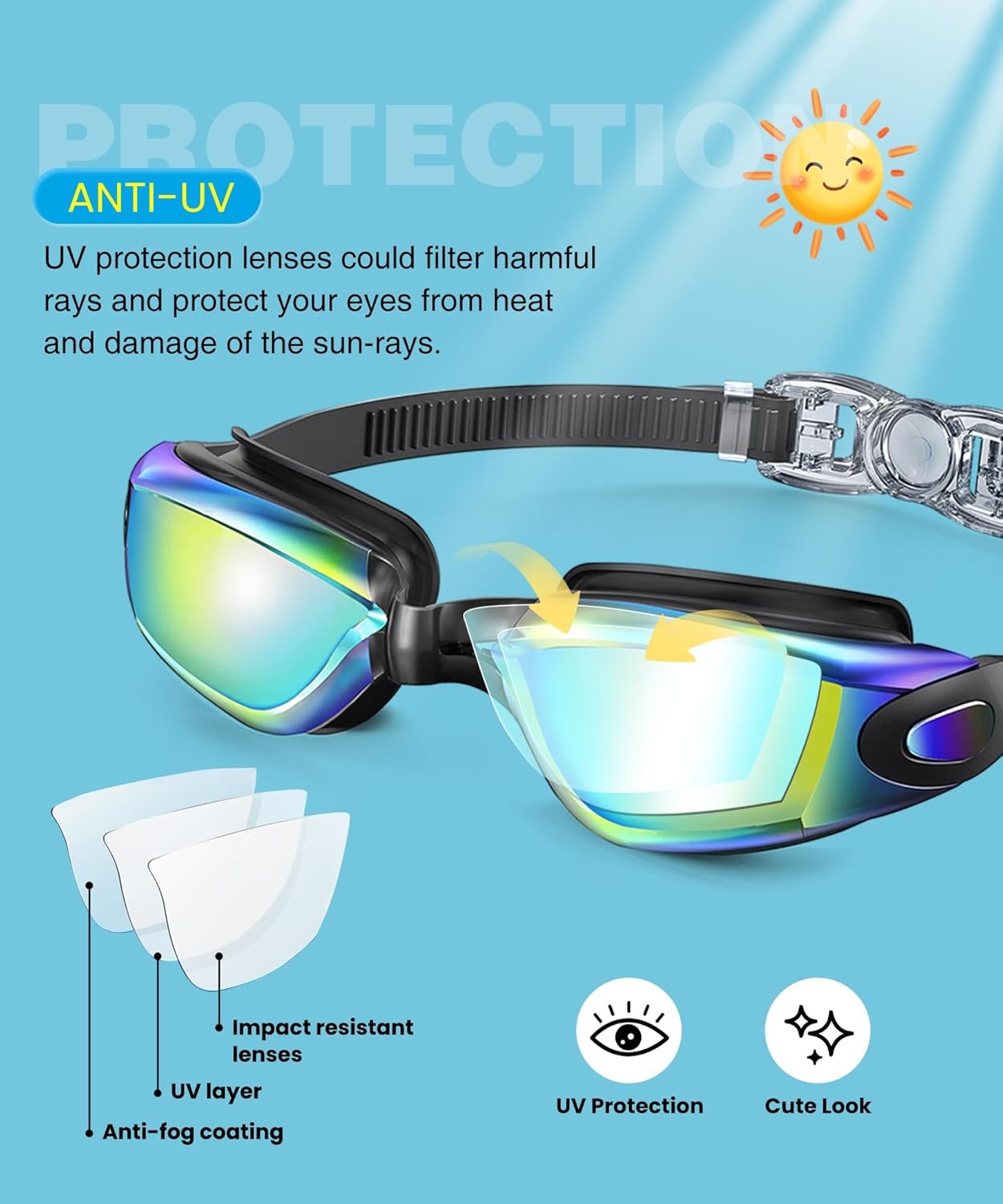 Skiennix Kids Swimming Goggles - Anti-UV, Anti-Fog, Leak-Proof | 3 Pack for Ages 6-16