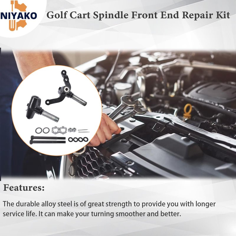Niyako Golf Cart Spindle Front End Repair Kit, Passenger Side and Driver Side Spindle Assembly, Replacement# 70673-G02 70942-G02 Fit EZGO TXT/PDS 2001.6-Up Electric and Gas Golf Carts