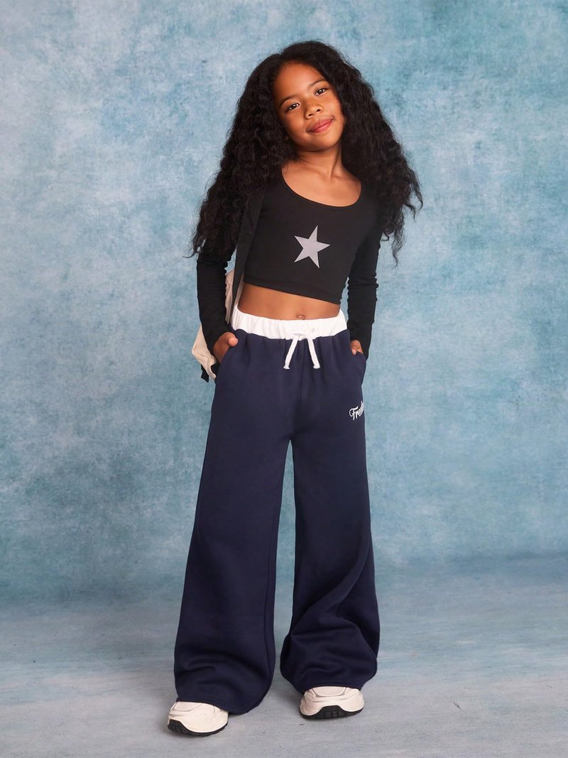 RoseSeek Girl's Baggy Sweatpants Letter Print Elastic Waist Wide Leg Pants Joggers Track Pants Trendy Blue and White 10Y