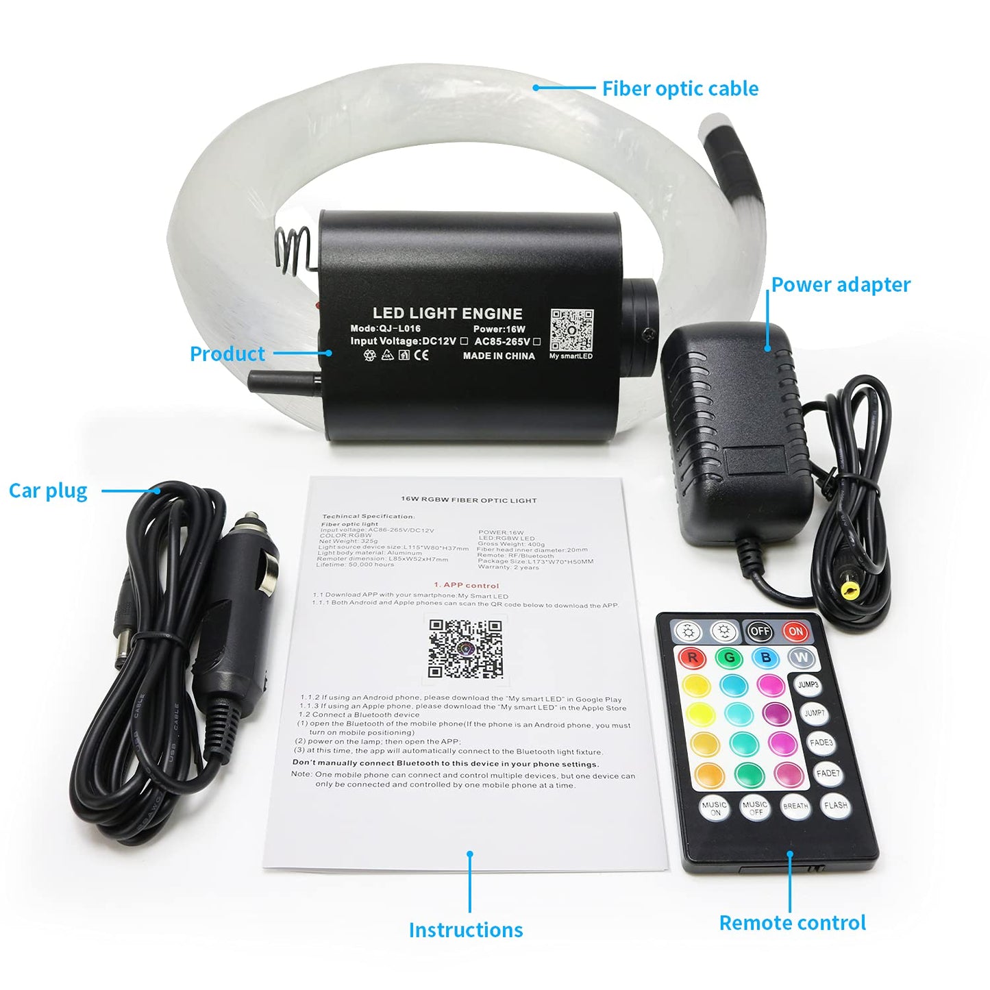 AMKI 16W Fiber Optic Lights Mixed 310pcs 9.8ft Starlight Headliner Light Kit APP/Remote Control Sound Activated Mode for Car&Home Decoration,0.75mm+1mm+1.5mm Optical Fiber Cable Strands