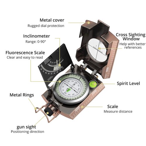Anbte Compass Hiking Survival, IP65 Waterproof Metal Compass with Sighting Clinometer and Carry Bag, Multifunctional, Professional, for Camping Hunting Hiking Navigation, Bronze