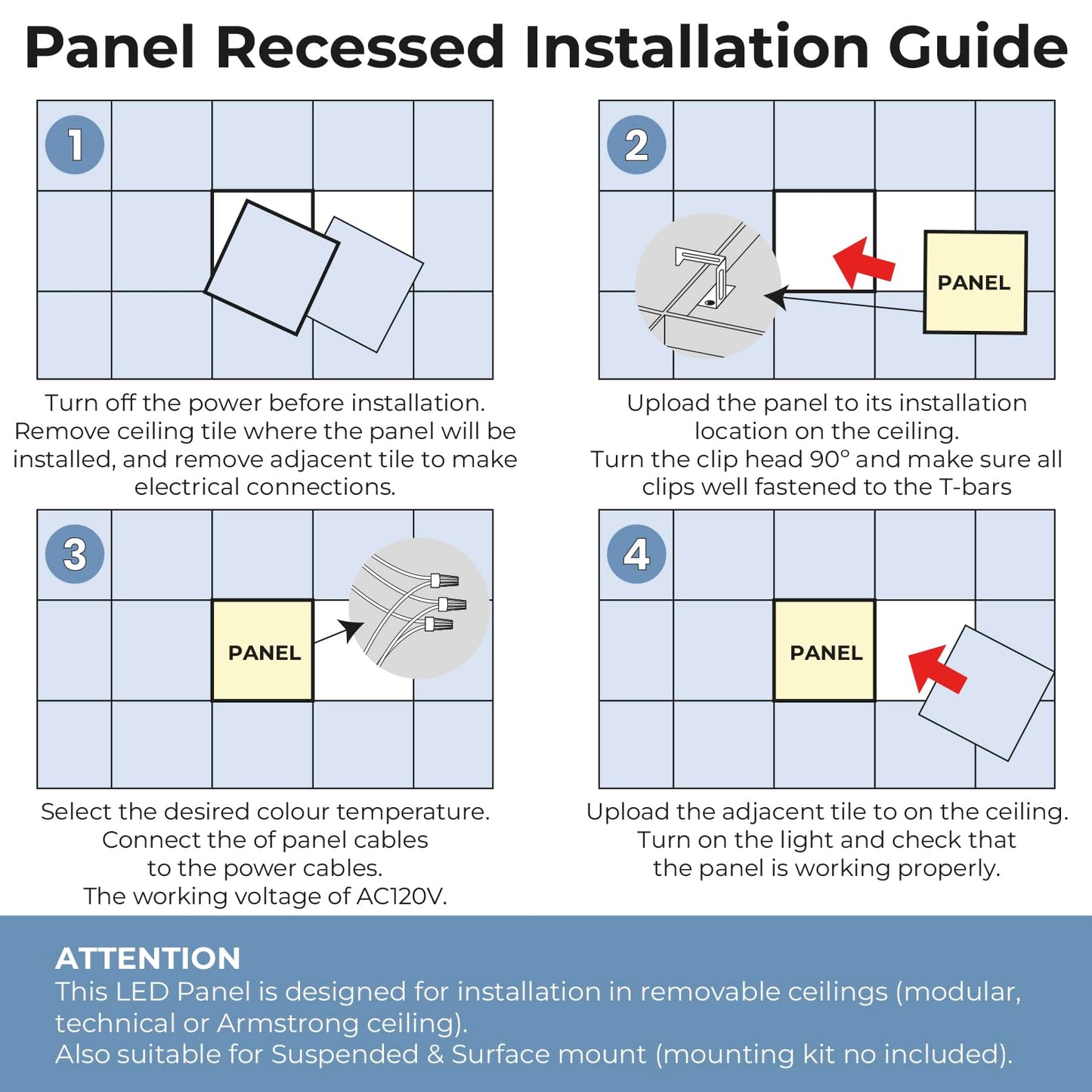 LED ATOMANT 2x2 LED Flat Recessed Panel Light 48W 5000LM, 5 CCT Selectable 3000K/3500K/4000K/4500K/5000K, Power Selectable 30W to 48W, Dimmable with 0-10V Dimmer
