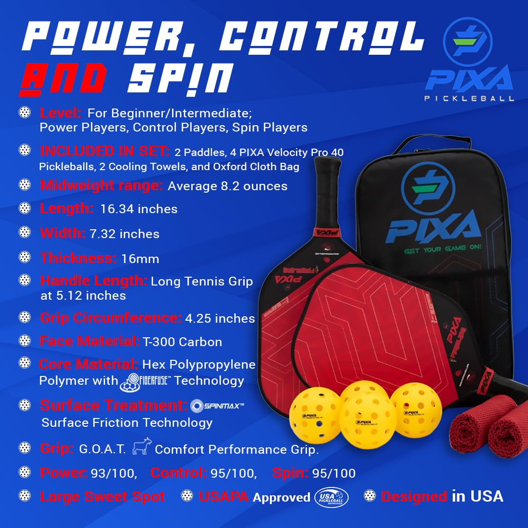 PIXA Fireblade 16mm Fiberglass/Grit Pickleball Paddle Set of 2, w/ 4 Balls and 2 Cooling Towels, Bag; with Grit/Spin!, 16mm, Beginner Racket/Intermediate Racquet, Great Gift!