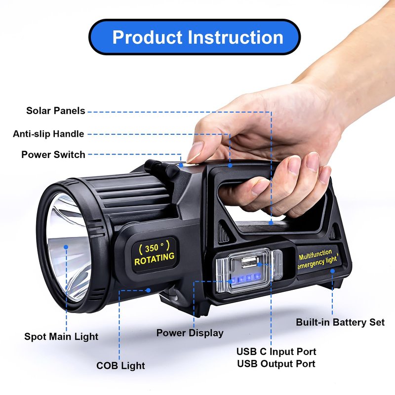 Rechargeable Spotlight Flashlight, Peascat 2,000,000L Lumens LED Handheld Spot Light, 350° Rotatable, 9 Modes, Solar & USB-C Charging, Waterproof, Emergency Flashlight for Camping, Outdoor, Car Repair