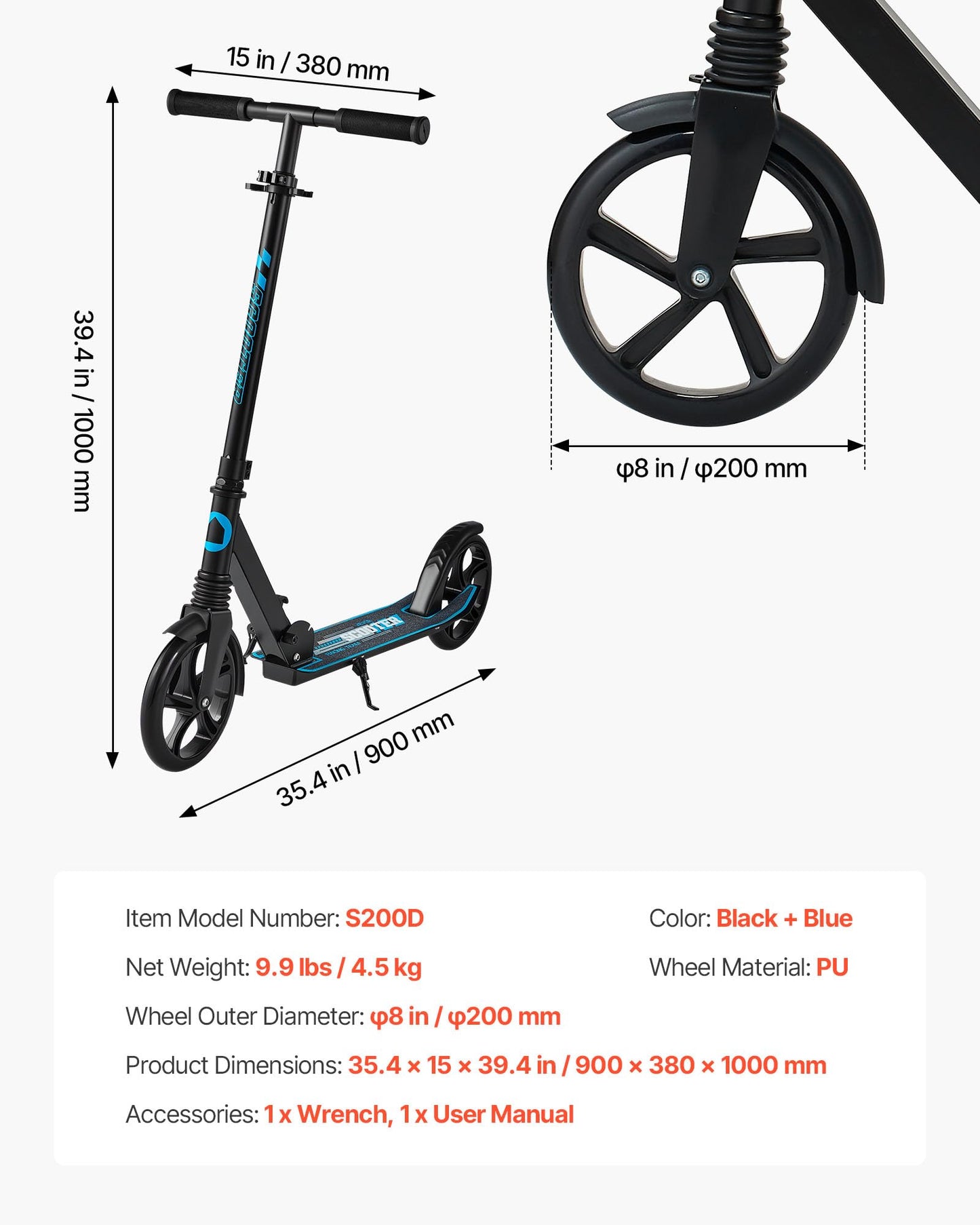 VEVOR Kick Scooter for Kids Ages 8+, Teens & Adults, 2-Wheel Toddler Scooter with Adjustable Height Handlebar, Wide Anti-Slip Deck, Foldable Lightweight for Boys & Girls up to 220 lbs, Black + Blue