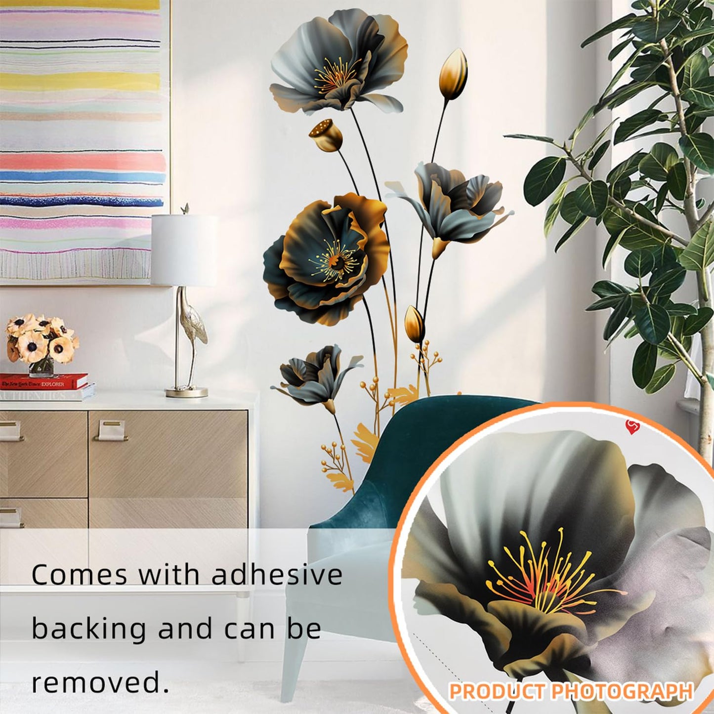 Black Gold Wall Decals 3D Flower Wall Sticker, Classical Plum Blossom Flower Decals Peel and Stick 3D Wall Art Murals for Girls Bedroom Nursery Living Room TV Home Decor