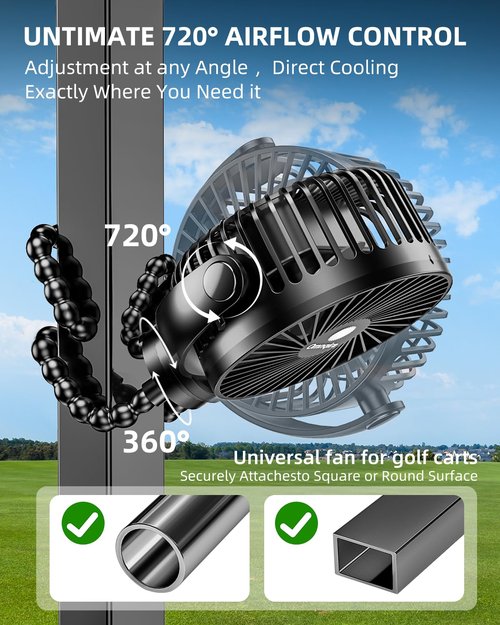 Golf Cart Fan Rechargeable, 12000mAh Battery Operated Portable Fan with 3 Speeds & Timer 360°Rotatable, Golf Palyer Essential Compatible with EZGO Club Car Yamaha Golf Accessories Gifts for Men Women