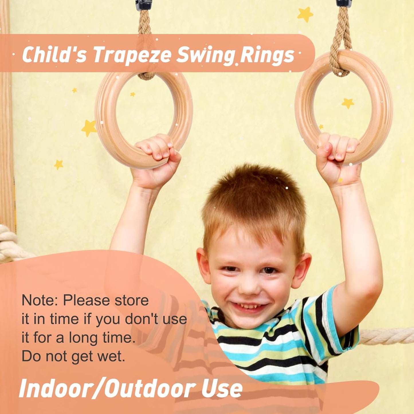 YAERSI Wooden Gymnastics Rings - Adjustable Pull-Up Rings for Kids' Home Exercise | Durable & Safe