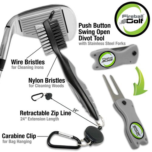 Fireball Golf US Based Towel Gift Set - 3 Golf Towels, Divot Tool, Ball Marker, Cleaning Brush - Many Colors, Gifts for Men, Women, Children