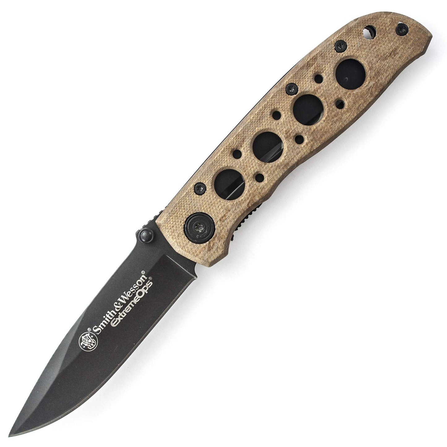 Smith & Wesson Extreme Ops 7.3in S.S. Folding Knife with 3.2in Drop Point Blade and Aluminum Handle for Outdoor, Tactical, Survival and EDC