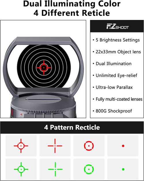 EZshoot Red Green Dot Sight - Holographic Reflex Scope with 4 Adjustable Reticles & 20mm Rail Mount