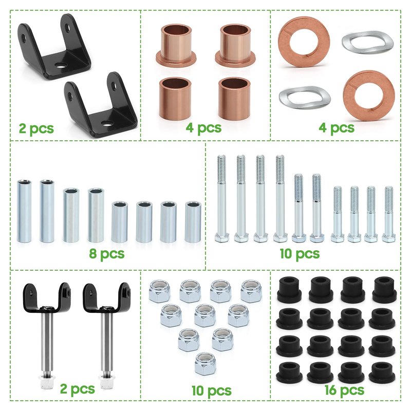 Generic 10L0L Golf Cart Front End Rebuild Kit fits Club Car DS 1993-Up Gas & Electric Models with Kingpins/Delta A arm bushings/Front Leaf Spring Bushings and Bolts/Clevis, silver