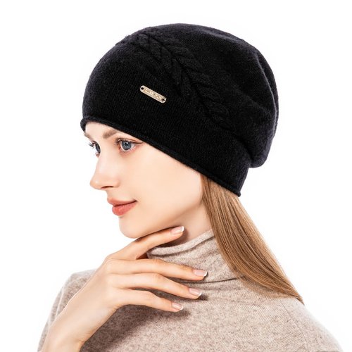 QUEENFUR Knit Slouchy Beanie Hats for Women Cashmere Ski Cap Knitted Wool Soft Warm Winter Hat (B02A-Black)