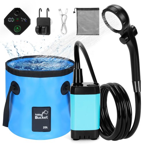 ALIESTFDNO Portable Shower for Camping with 20L / 5.28 Gallons Foldable Bucket, 7800mAh Rechargeable Shower Pump, Outdoor Shower Kit with Digital Display for Hiking, Travel, Car, Pet