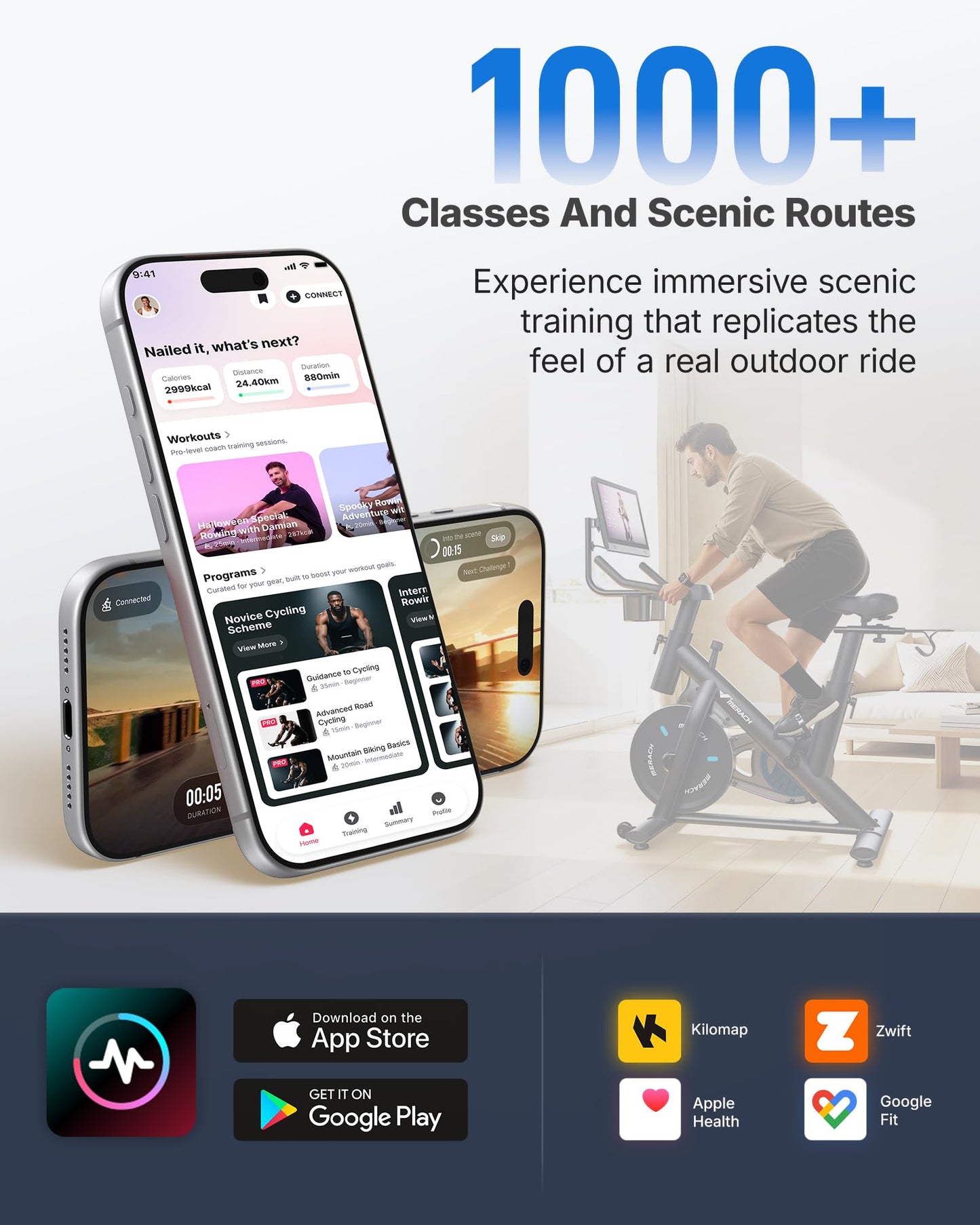 MERACH Exercise Bike, Brake Pad Stationary Bike with Exclusive App, Low Noise Indoor Cycling Bike with 270lbs Weight Capacity, Tablet Mount and Fitness Courses for Weight Loss-Blue