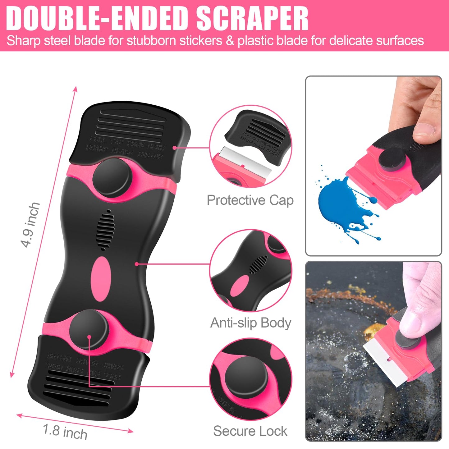 NECAMOCU 4 Pack Razor Blade Scraper, Premium Cleaning Scraper Tool with 50 PCS Metal & Plastic Razor Blades, Multi-Purpose Glass Scraper for Windows, Sticker, Decals, Cooktop, Paint Removal (Pink)