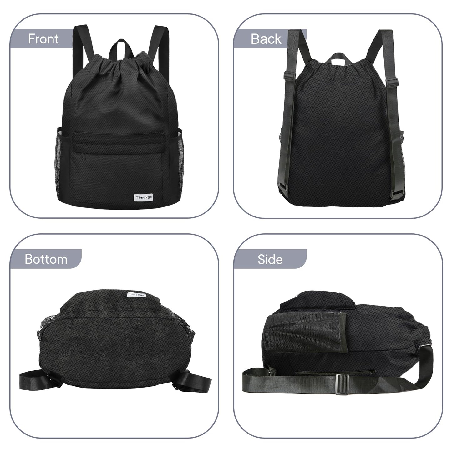 time2go Waterproof Drawstring Backpack Sports Gym Sackpack with Mesh Pockets Water-Resistant String Cinch Beach Bag for Men Women