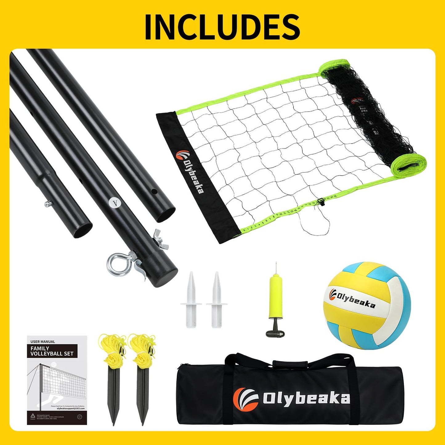 20FT Outdoor Volleyball Net Set System for Backyard Beach with Anti-Sagging Net, Iron Adjustable Height Poles, Soft PU Volleyball and Pump, Carry Bag - Instant Set Up & Durable (Black and Green)