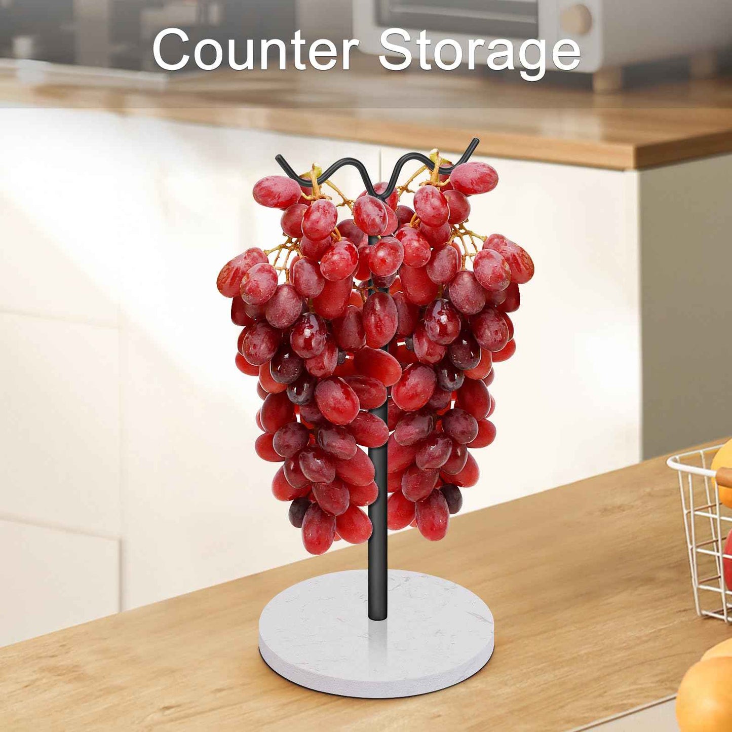 Winmien Double Hooks Standing Banana Holder, Banana Hanger Tree Stand Hook for Kitchen Countertop, Sturdy and Balanced Fruit Shelves with Storage on Both Sides.(Black)