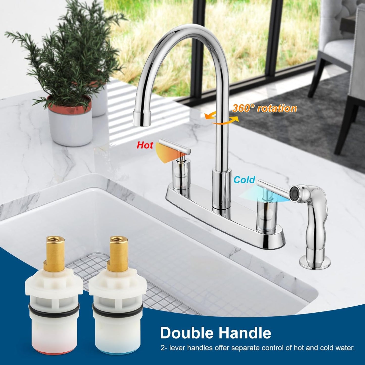 Brushed Nickel Kitchen Faucet with 360° Rotating Spout & Side Sprayer - 2 Handle, 8 Inch Centerset