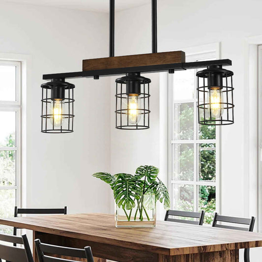 Dining Room Light Fixture/Chandelier Over Table, 23.3-Inch Hanging for Farmhouse Linear Chandeliers,3-Light Kitchen Island Lighting, Black Rustic Wooden Ceiling Chandelier,with Metal lampshade