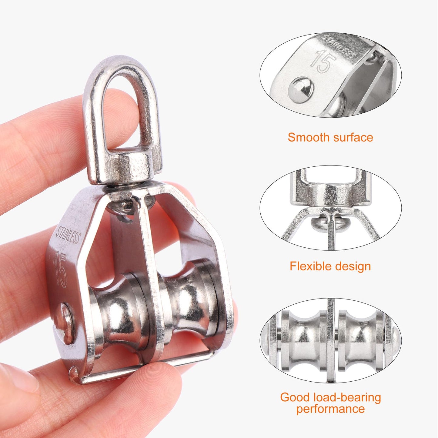 LordHardware 2PCS M15 Double Sheave Pulley Block 304 Stainless Steel Lifting Crane Swivel Hook