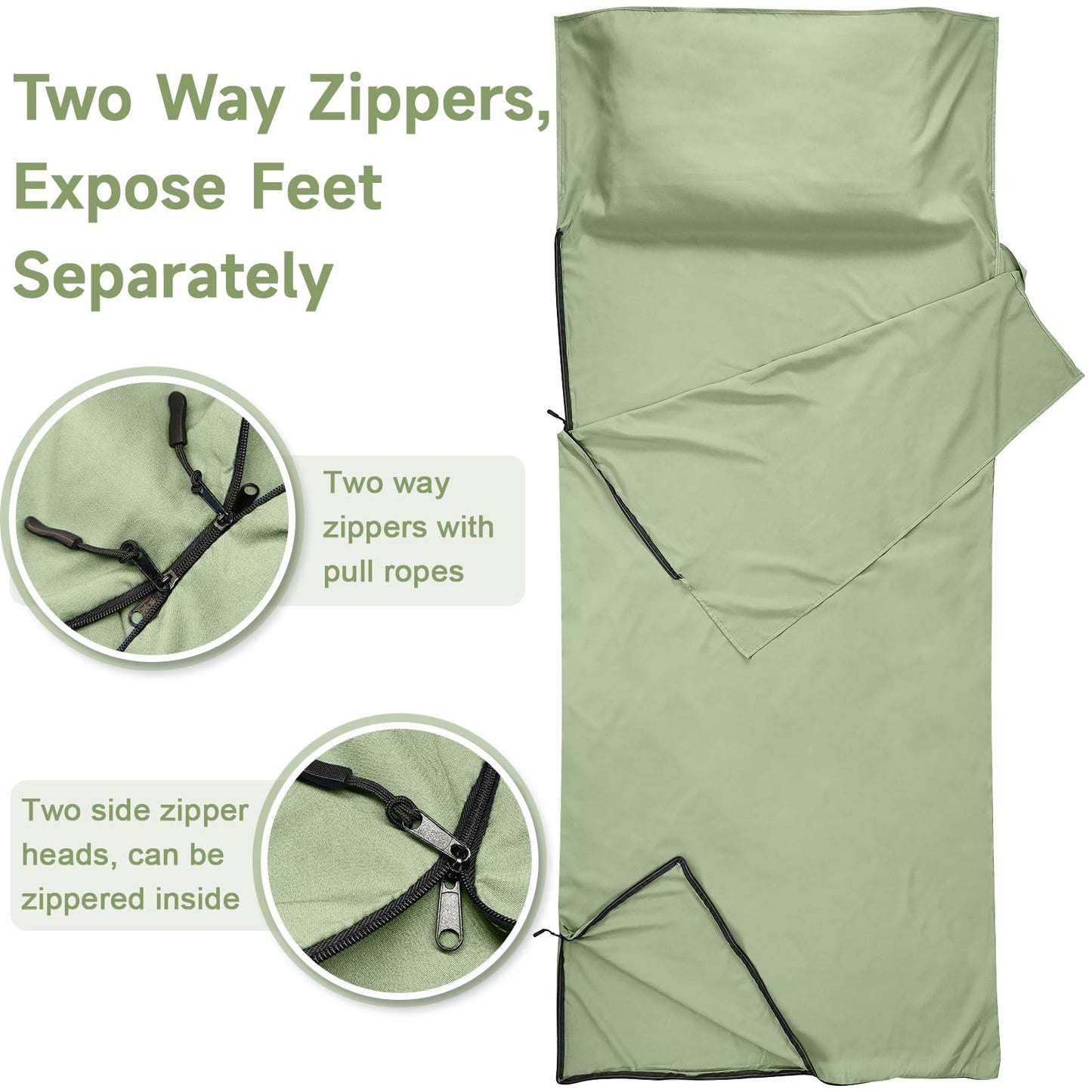Sleeping Bag Liner, Self Tan Sleep Sack, Adult Sleep Sack, Two-Way-Zipper Expose Feet Separately, Portable Single Camping Travel Sheets for Hotel,Hostels,Business Trips