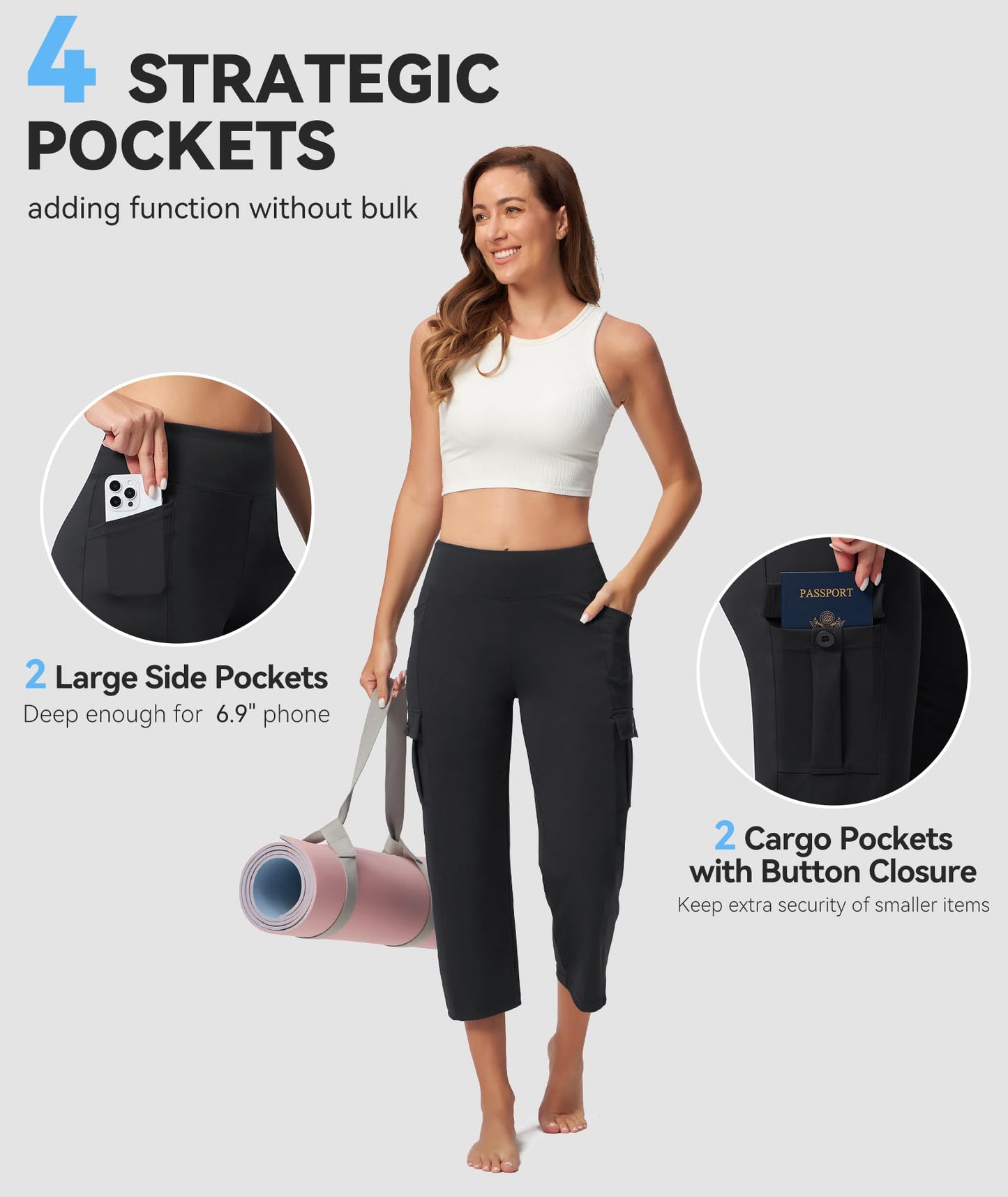 Casei Women's 21" Yoga Capris High Waisted with Pockets Cargo Capri Pants Straight Leg Casual Workout Travel Cropped Pants Black XL
