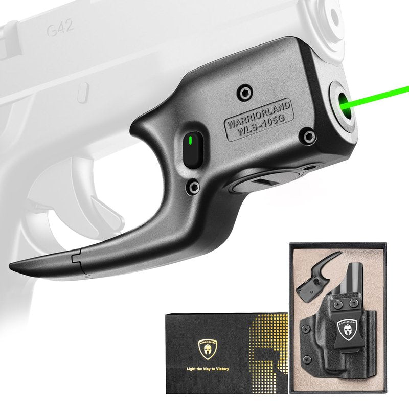 WARRIORLAND Green Laser Sight Fit Glock G42 with Holster Combo, Green Beam Sight with Power Indicator, Custom-Made IWB Kydex Holster Right, Windage and Elevation Adjustment, WLS-105G w/ G42