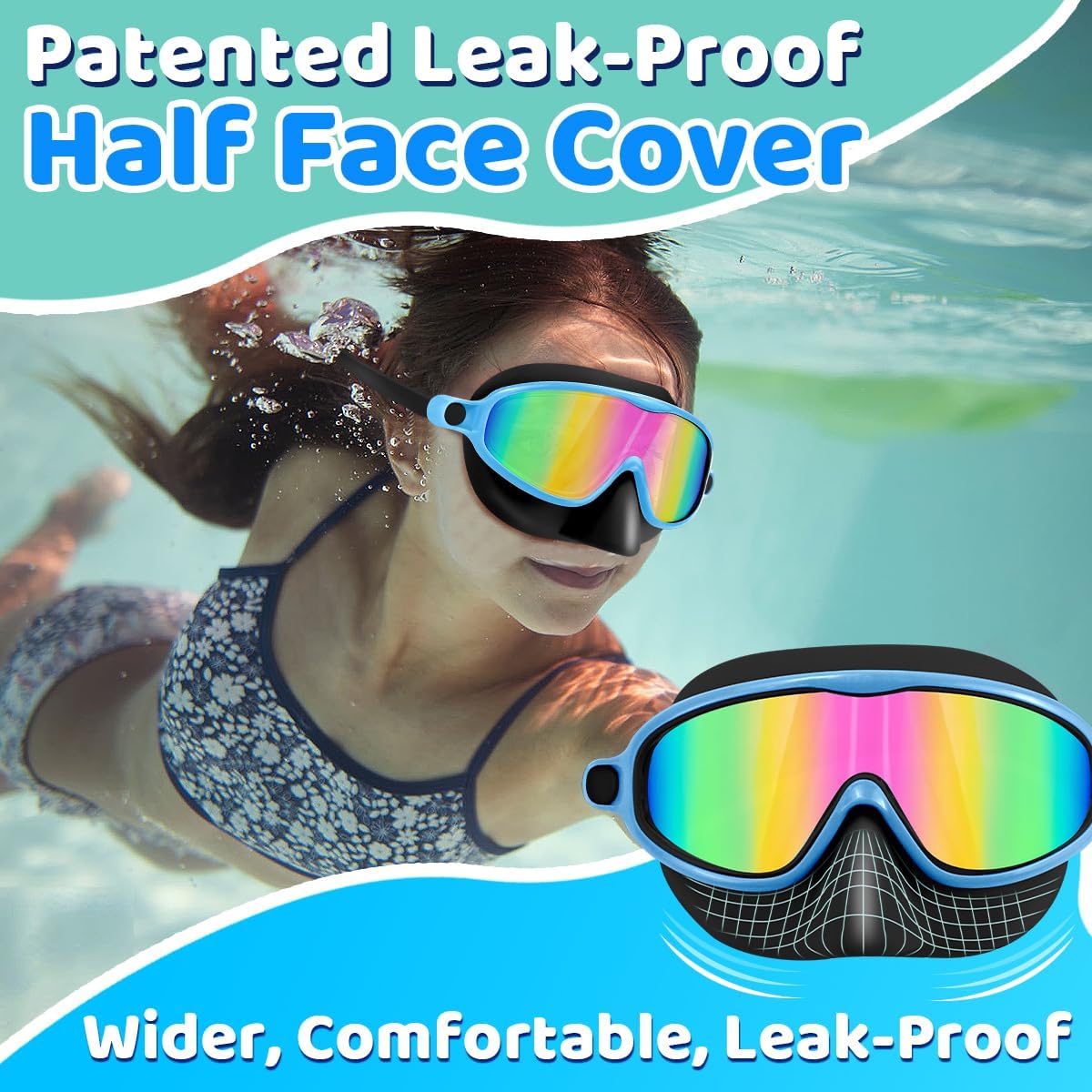 Vvinca Swim Goggles - Anti-Fog Wide View Diving Mask with Nose Cover | 2-Pack for Kids Ages 3-15