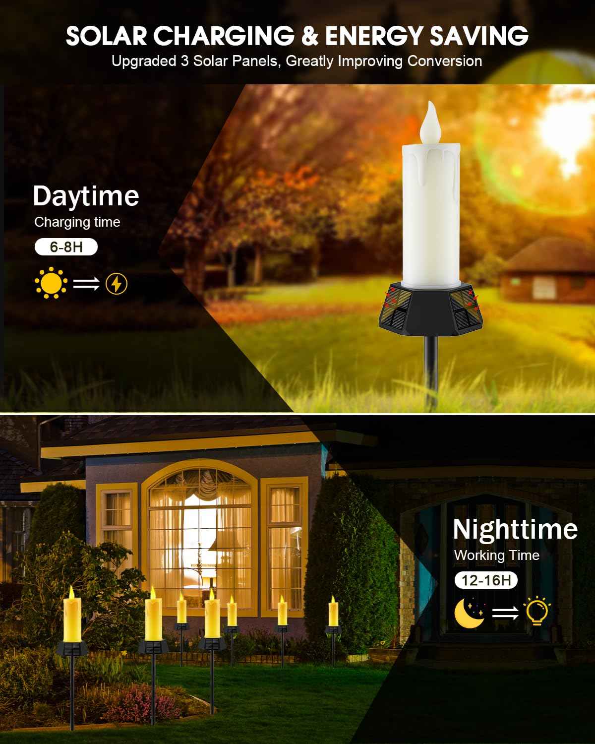 Gileolant Halloween Solar Lights Outdoor Waterproof, Electric LED Flameless Candles with 3 Solar Panels, Solar Pathway Lights for Christmas Outdoor Party Yard Camping Garden Home Decorations, 2 Pack