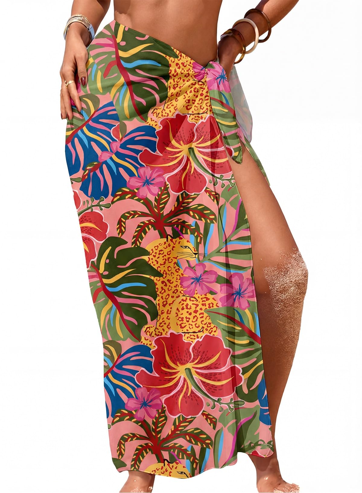 Herseas Women's Bathing Suit Cover Up High Slit Chiffon Wraps One Size Swimsuit Coverups 2026 Summer Tropical Animal Print Sheer Sarong Chic Flattering Resort Outfits Teen Girls