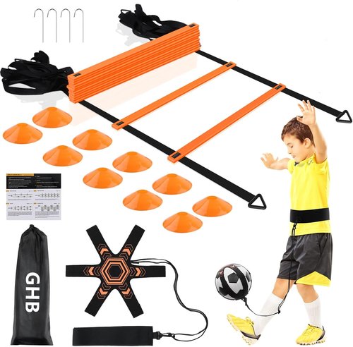 GHB Pro Agility Ladder - 20ft Soccer Kick Trainer Set with 12 Rungs, 10 Cones & Carrying Bag