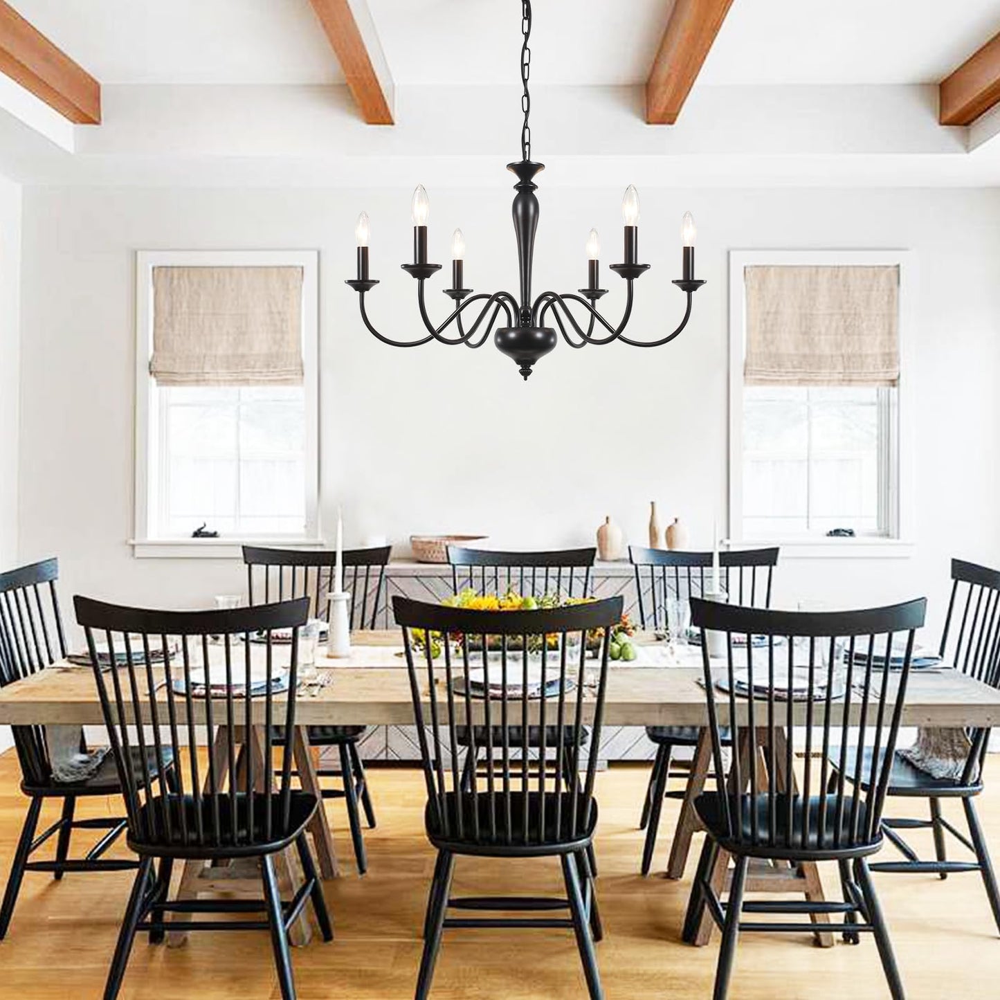 LIHHGFGS Farmhouse Chandelier for Dining Room 6 Lights Black Chandeliers Light Fixture Hanging Candle Iron Chandelier for Bedroom Kitchen Island Foyer Living Room Hallway