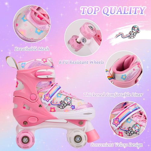Kids Roller Skates Adjustable Roller Skates Girls Ages 3-12, 4 Size Adjustable Kids Skates, with 4 Light UP Wheels, Roller Skates for Toddlers Beginner (Pink, M)