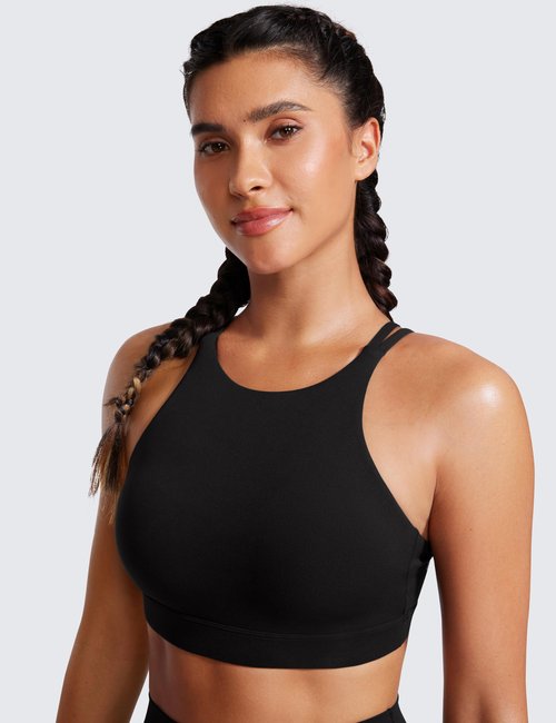 CRZ YOGA Womens Butterluxe High Neck Longline Sports Bras - Criss Cross Halter Wireless Padded Gym Workout Crop Top Black Medium