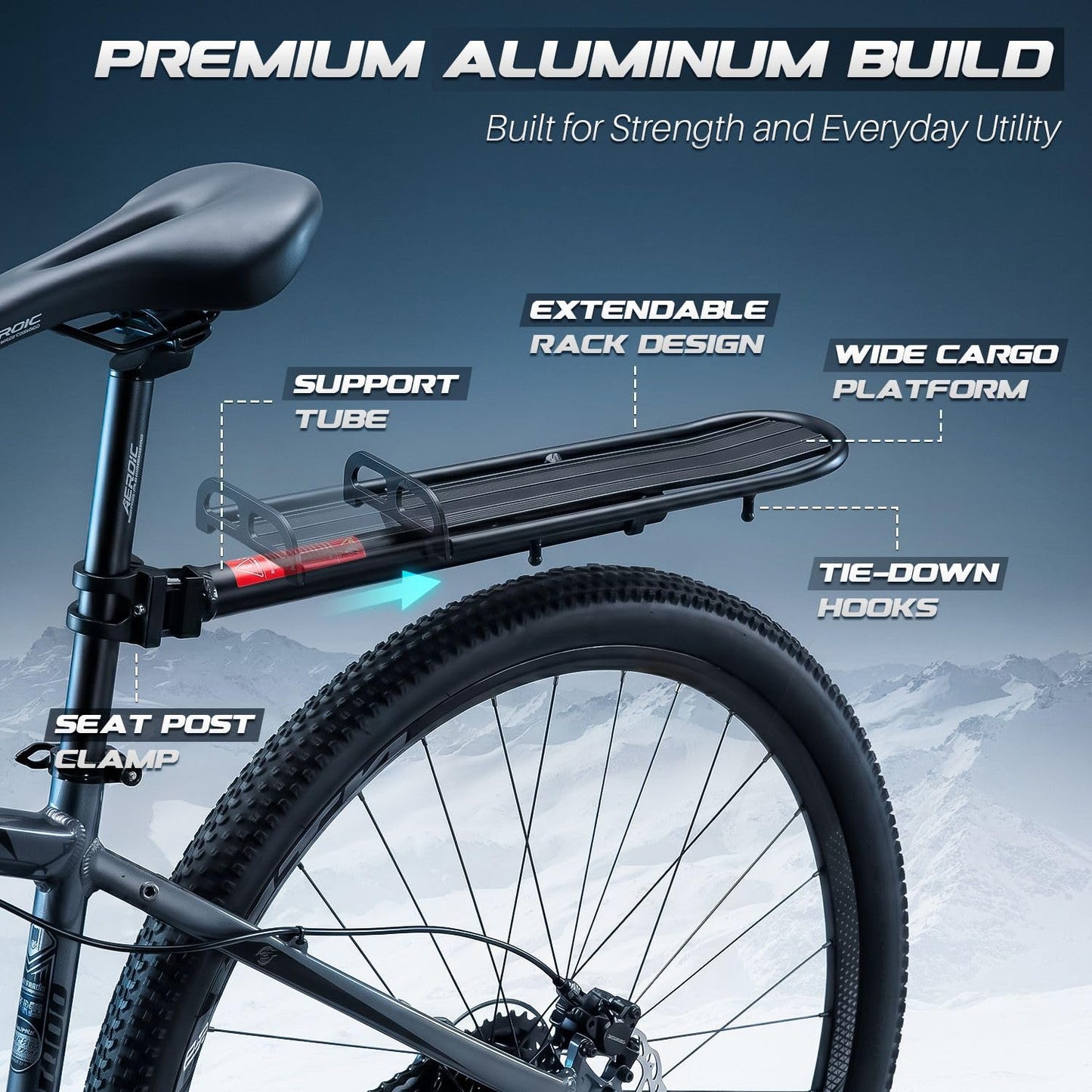 Flexzion Adjustable Bicycle Carrier Rack, 20lb Capacity, Black - Back Bike Cargo Rack, Universal Extendable Aluminum Rear Seat Post Bike Rack Caddy, Ideal for Luggage, Equipment, and Touring Gears