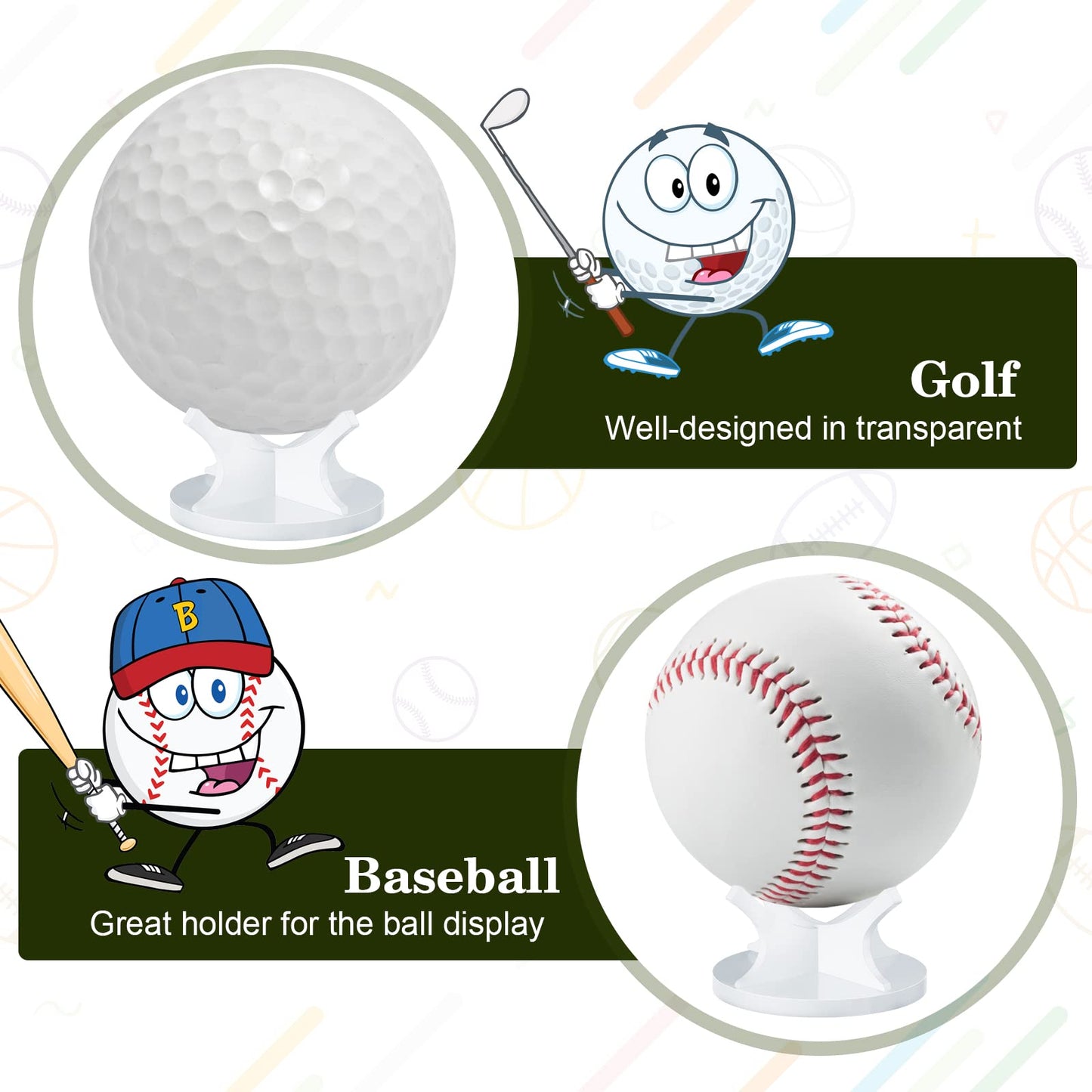 Sumind 3 Pieces Acrylic Small Ball Stand Holder Sport Ball Display Rack Baseball Display Stand with 3 Pieces Non-Slip Rubber Pads for Baseball Golf Softball Tennis Spheres(White)