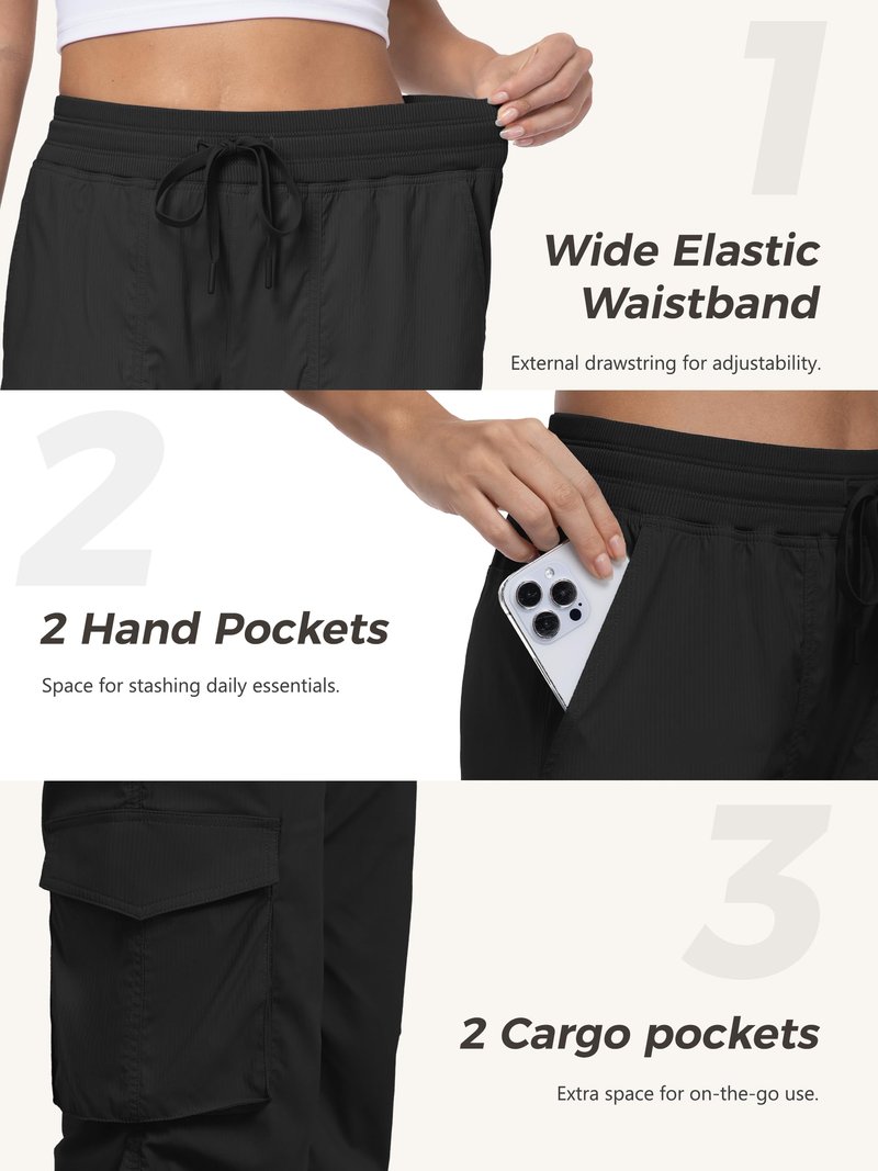 Tapata Tall Womens 34" Inseam Lightweight Cargo Dance Studio Pants with 4 Pockets Pinstripe Joggers for Lounge, Black, S